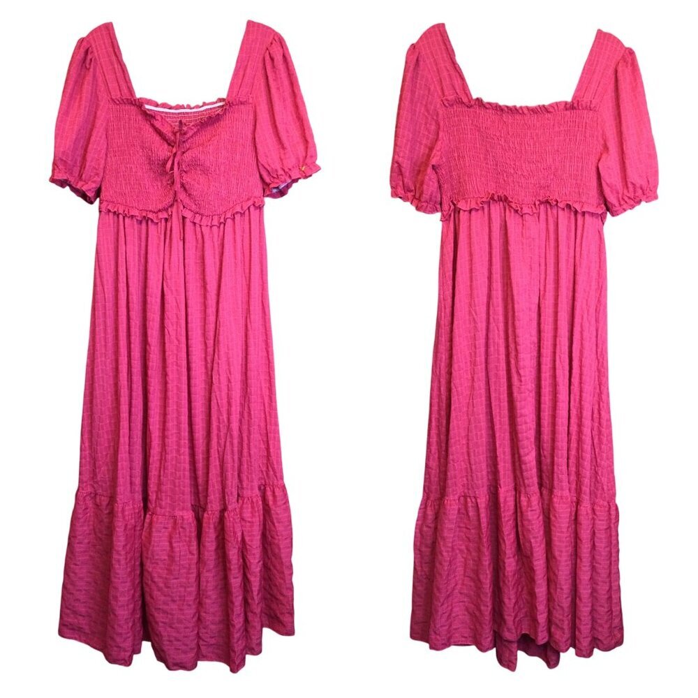 Womens Pink Square Neck Smocked Maxi Dress Puff Sleeves Ruffled Hem Size 2X